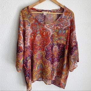 Sundance Silk Multicolor Print Semi-sheer Blouse Sz XL